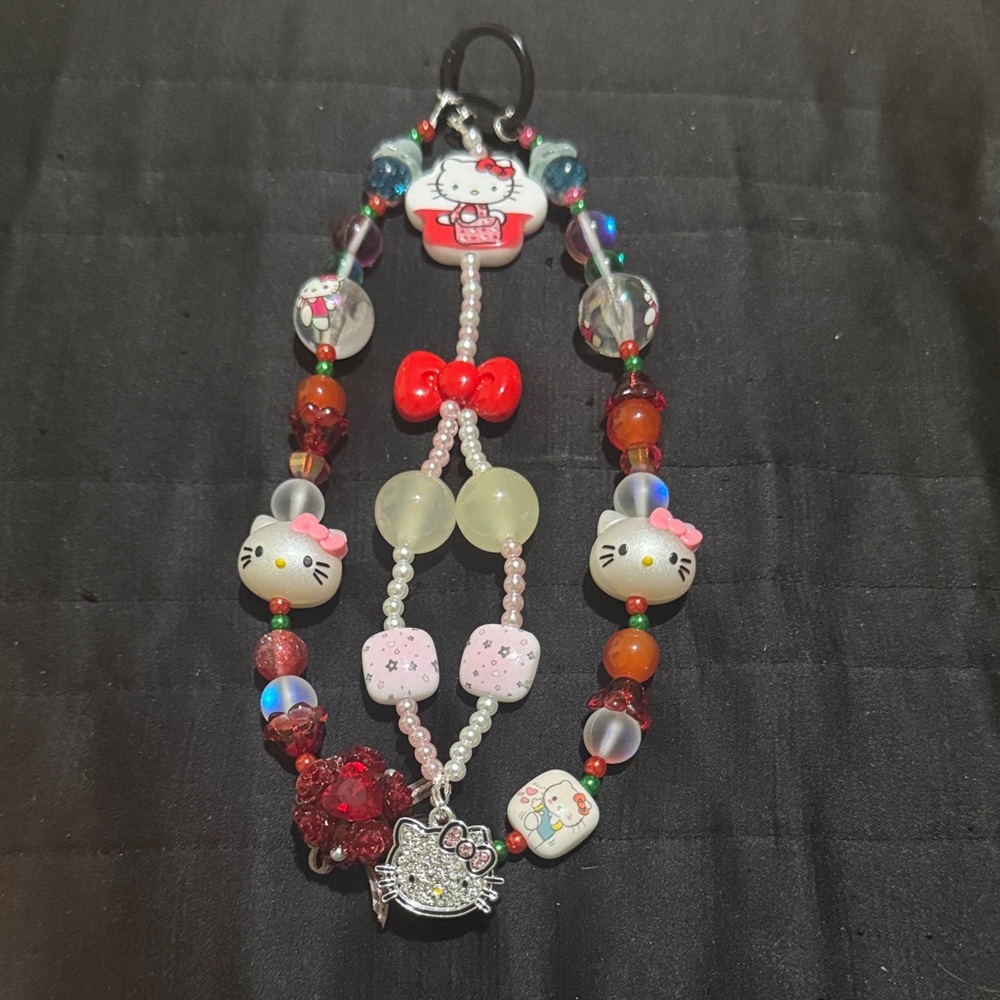 Hello Kitty Inspired Red & Pink Beaded Keychain Lanyard